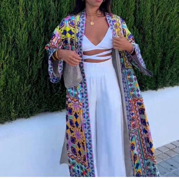 Zara Women's Kimono Robe Style Floral Print Midi Open Front With Tie Size M NWT - Picture 6 of 15